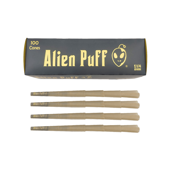 Alien Puff Smoking Products Alien Puff Black & Gold 1 1/4 Size Pre-Rolled Cones (100 Pack)