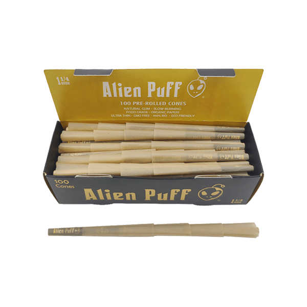 Alien Puff Smoking Products Alien Puff Black & Gold 1 1/4 Size Pre-Rolled Cones (100 Pack)