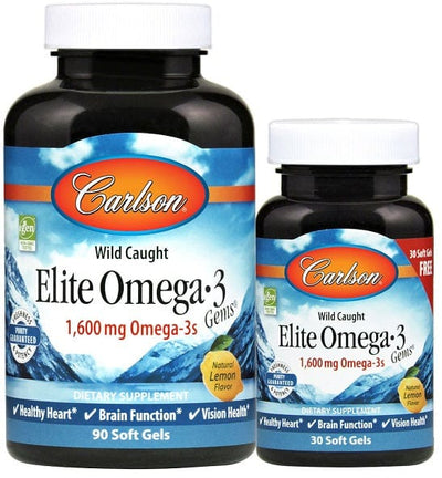Carlson Labs Omegas, EFAs, CLA, Oils Elite Omega-3 Gems, 1600mg Natural Lemon - 90 + 30 softgels