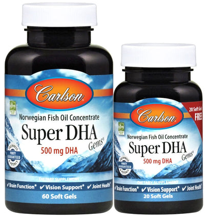 Carlson Labs Omegas, EFAs, CLA, Oils Super DHA Gems, 500mg - 60 + 20 softgels