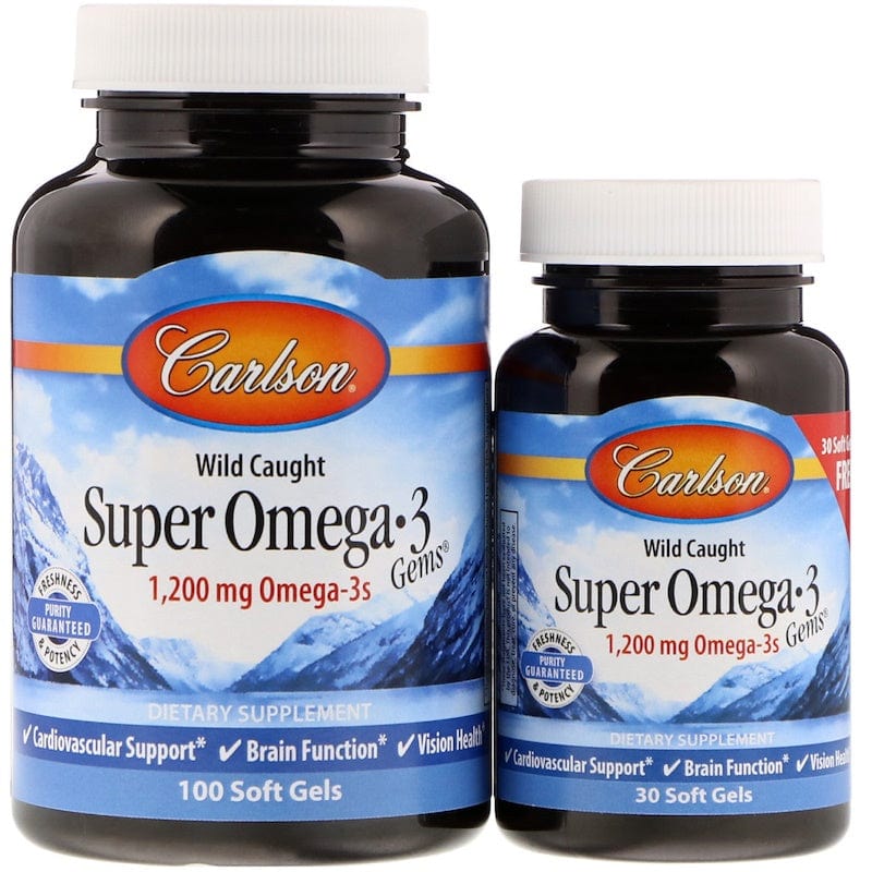 Carlson Labs Omegas, EFAs, CLA, Oils Wild Caught Super Omega-3 Gems, 1200mg - 100 + 30 softgels