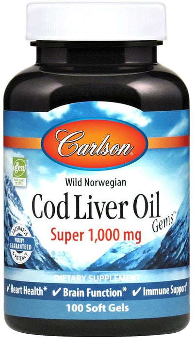 Carlson Labs Omegas, EFAs, CLA, Oils Wild Norwegian Cod Liver Oil Gems, 1000mg - 100 softgels