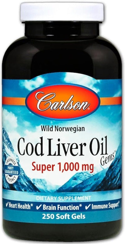 Carlson Labs Omegas, EFAs, CLA, Oils Wild Norwegian Cod Liver Oil Gems, 1000mg - 250 softgels