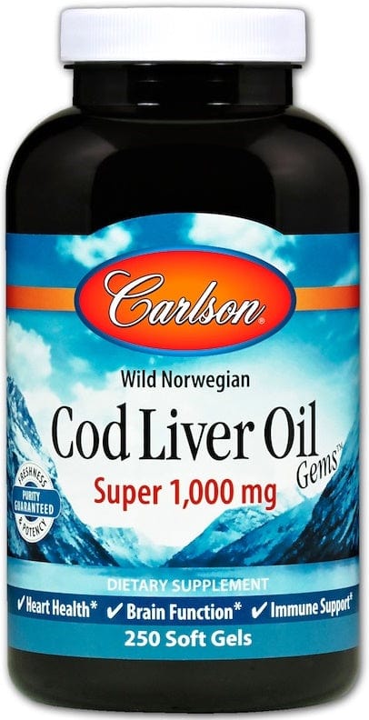 Carlson Labs Omegas, EFAs, CLA, Oils Wild Norwegian Cod Liver Oil Gems, 1000mg - 250 softgels