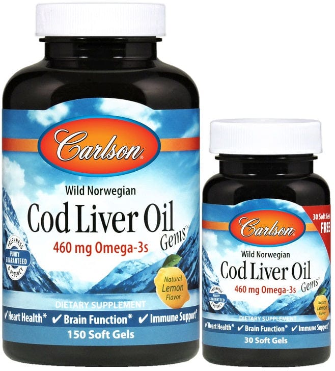 Carlson Labs Omegas, EFAs, CLA, Oils Wild Norwegian Cod Liver Oil Gems, 460mg - 150 + 30 softgels