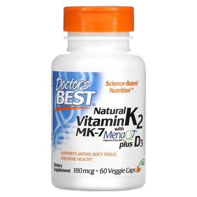 Doctor's Best Vitamins & Minerals Natural Vitamin K2 MK7 with MenaQ7 plus D3, 180mcg - 60 vcaps