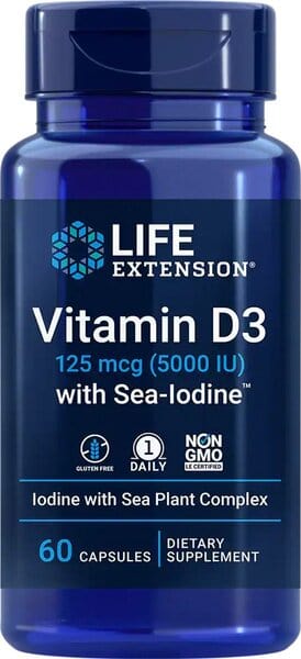 Life Extension Vitamins & Minerals Vitamin D3 with Sea-Iodine, 5000IU - 60 caps