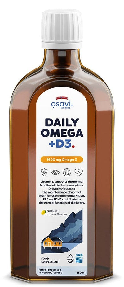 Osavi Health and Wellbeing Daily Omega + D3, 1600mg Omega 3 (Natural Lemon) - 250 ml.