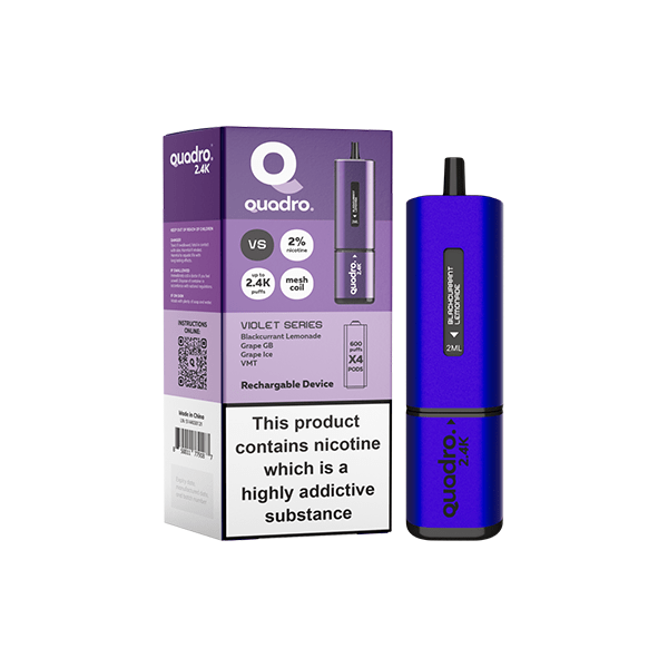 Quadro Vaping Products Violet Series 20mg Quadro 2.4K Pod Vape Kit 4 in 1 - 2400 Puffs