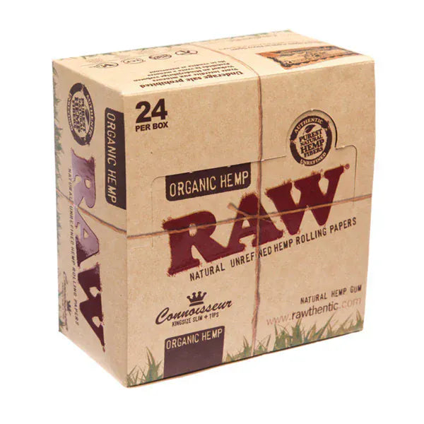 Raw Smoking Products 24 Raw Organic Hemp King Size Slim Papers + Tips (Connoisseur)