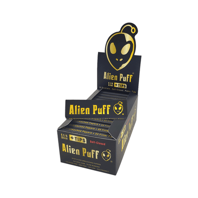 Alien Puff Smoking Products 50 Alien Puff Black & Gold 1 1/4 Size Unbleached Brown Papers + Tips