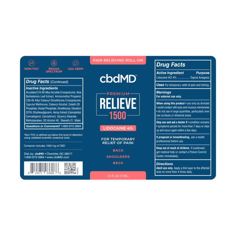 cbdMD CBD Products cbdMD Relieve CBD Topical LIDOCAINE 2.5OZ ROLL ON